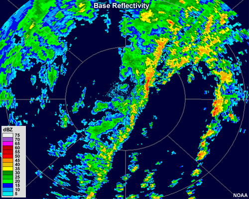 Base reflectivity image showing bands of intense precipitation.