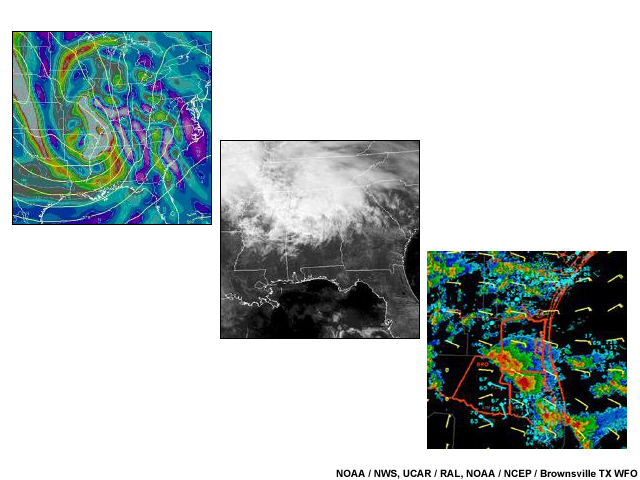 Collage of 3 different weather forecasting products