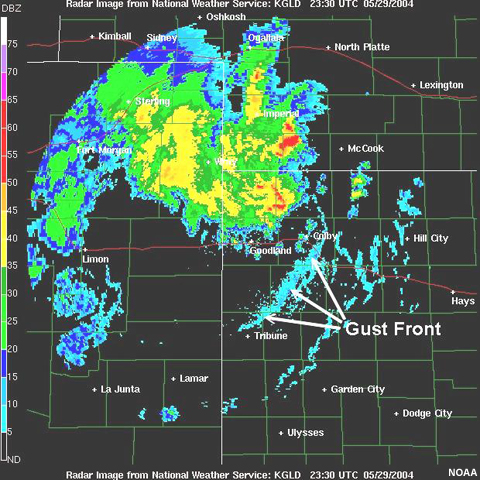 Radar image showing a cluster of thunderstorms and associated gust front