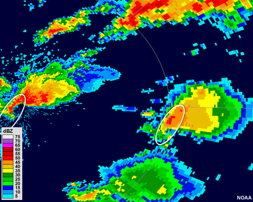 Base reflectivity image showing difference in detail depending on distance from the radar