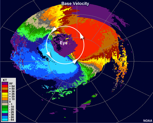 Radial velocity loop showing hurricane Wilma making landfall in 2005. The eye, which is free of echo, is large and pronounced.