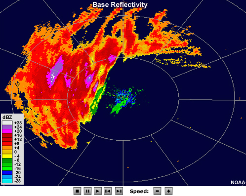 Radar reflectivity animation showing an area of light precipitation with subtle banding features that come and go. The loop begins in clear air mode and then switches to precipitation mode.
