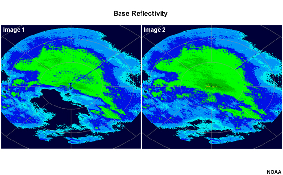 The radar reflectivity image in the left panel shows light to moderate precipitation over much of the radar range. The image on the right shows precipitation covering the same regions as that in the left panel, but also extending into areas where no precipitation existed in the left panel image.