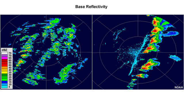 Two radar reflectivity images. The thunderstorms in the left panel are not as strong as the ones in the right panel, where there is a very sharp change from almost no radar return to over 60 dBZ in the cores in some of the larger cells.