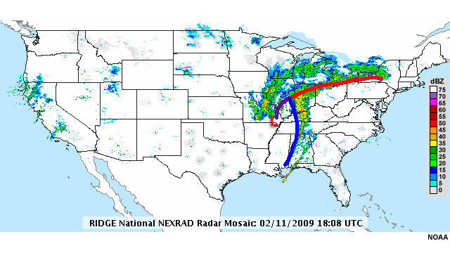 National Reflectivity Image showing a mass of moderate to light precipitation over Missouri and Illinois. A wide swath of moderate to light intensity precipitation extends east-northeastward to New York, while a narrower band of more intense precipitation extends southward through Alabama