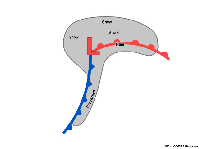 Conceptual diagram of a low pressure system with cold and warm fronts. Snow occurs to the northwest of low and north of warm front, mixed precip occurs just north of the warm front, and rain occurs along and south of the warm front. Convection occurs along and ahead of the cold front.