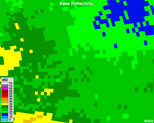 Base reflectivity image showing moderate precipitation across the radar image. The pixels of the image are somewhat large.