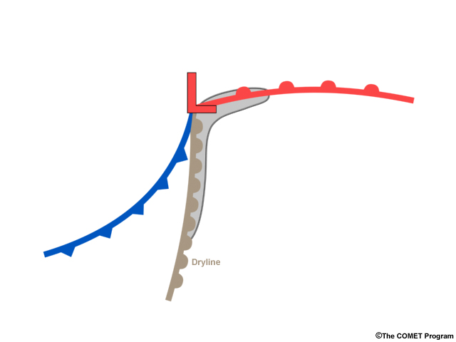 Idealized radar reflectivity showing area that supercells are most commonly found within a low pressure system