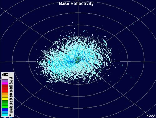 Base reflectivity image showing shades of light blue roughly organized into bands close to the radar.